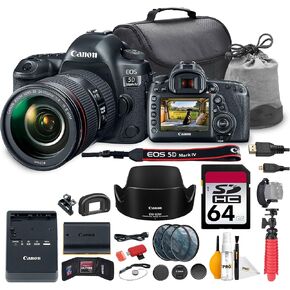 كاميرا Canon EOS 5D Mark IV DSLR مع مجموعة عدسات مقاس 24-105 مم f/4L هي II USM | مستشعر كامل الإطار بدقة 30.4 ميجابكسل، والتركيز البؤري التلقائي ثنائي البكسل، وفيديو بدقة 4K | للمناسبات والتصوير الاحترافي (1483C010) + بطاقة سعة 64 جيجابايت + حقيبة + المزي in Kuwait