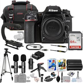 مجموعة هيكل كاميرا Nikon D7500 DSLR + نظام ميكروفون لاسلكي + حزمة الملحقات التي تتضمن ذاكرة 64 جيجابايت، وقبضة U، وحقيبة، وحامل ثلاثي القوائم، وبرامج والمزيد (29 عنصرًا) in Kuwait