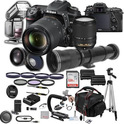 كاميرا Nikon D7500 DSLR مع عدسة 18-140 مم، وذاكرة 128 جيجابايت، وعدسة مقربة فائقة مقاس 420-800 مم، وفلاش TTL Pro، ومرشحات، وعدسات، وحقيبة، وحامل ثلاثي القوائم، والمزيد - حزمة صور فائقة (حزمة 38 قطعة) in Saudi Arabia
