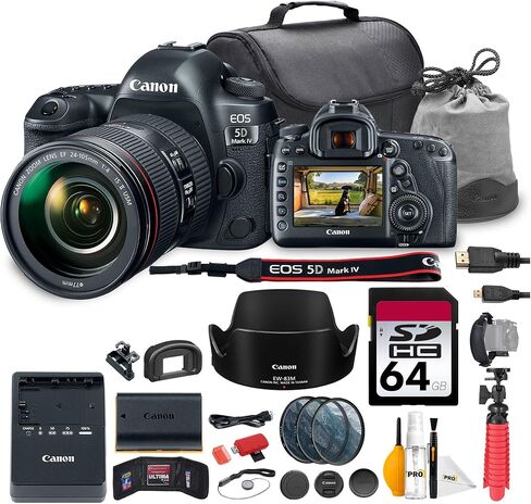 كاميرا Canon EOS 5D Mark IV DSLR مع مجموعة عدسات مقاس 24-105 مم f/4L هي II USM | مستشعر كامل الإطار بدقة 30.4 ميجابكسل، والتركيز البؤري التلقائي ثنائي البكسل، وفيديو بدقة 4K | للمناسبات والتصوير الاحترافي (1483C010) + بطاقة سعة 64 جيجابايت + حقيبة + المزي in Saudi Arabia