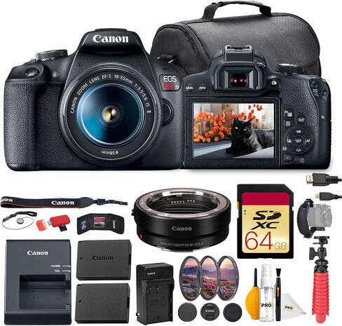 Canon EOS Rebel T7 DSLR Camera with 18-55mm Lens Bundle | 24.1MP APS-C Sensor, Fast AF & Full HD Video| for Beginners, Travel & Family Photography (2727C002) + Adapter EF-EOS R + 64GB Card + More in Saudi Arabia