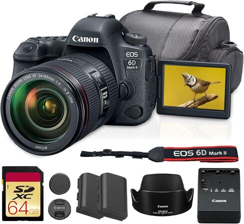 كاميرا Canon EOS 6D Mark II DSLR مع مجموعة عدسات مقاس 24-105 مم f/4L II | مستشعر كامل الإطار بدقة 26.2 ميجابكسل، Dual Pixel CMOS AF وشاشة LCD متغيرة الزاوية | للسفر والتصوير اليومي (1897C009) + بطاقة سعة 64 جيجابايت + المزيد in Saudi Arabia
