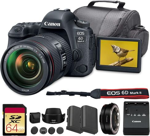 كاميرا Canon EOS 6D Mark II DSLR مع مجموعة عدسات مقاس 24-105 مم f/4L II | مستشعر كامل الإطار بدقة 26.2 ميجابكسل، Dual Pixel CMOS AF وشاشة LCD متغيرة الزاوية | للسفر والصور اليومية + محول EF-EOS R + بطاقة سعة 64 جيجابايت + المزيد in Saudi Arabia