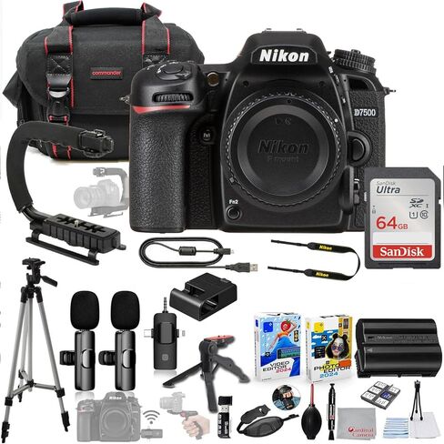 مجموعة هيكل كاميرا Nikon D7500 DSLR + نظام ميكروفون لاسلكي + حزمة الملحقات التي تتضمن ذاكرة 64 جيجابايت، وقبضة U، وحقيبة، وحامل ثلاثي القوائم، وبرامج والمزيد (29 عنصرًا) in Saudi Arabia