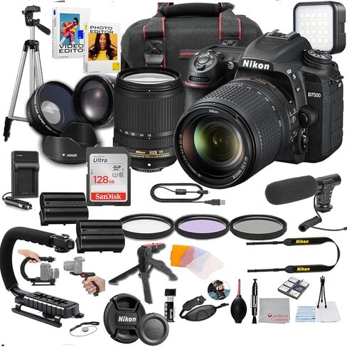 كاميرا Nikon D7500 DSLR مع عدسة 18-140 مم، وإضاءة LED، وميكروفون، وذاكرة تخزين 128 جيجابايت، وقبضة U، ومرشحات، وحامل ثلاثي القوائم، وحقيبة، وبرامج، والمزيد - حزمة فيديو احترافية (40 قطعة) in Saudi Arabia