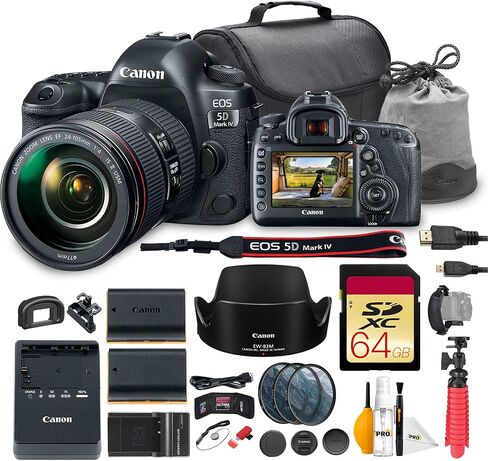 كاميرا Canon EOS 5D Mark IV DSLR مع مجموعة عدسات مقاس 24-105 مم f/4L هي II USM | مستشعر 30.4 ميجابكسل، Dual Pixel AF وفيديو 4K | للمناسبات والتصوير الاحترافي (1483C010) + بطاقة 64 جيجابايت + بطارية + شاحن + المزيد in Saudi Arabia