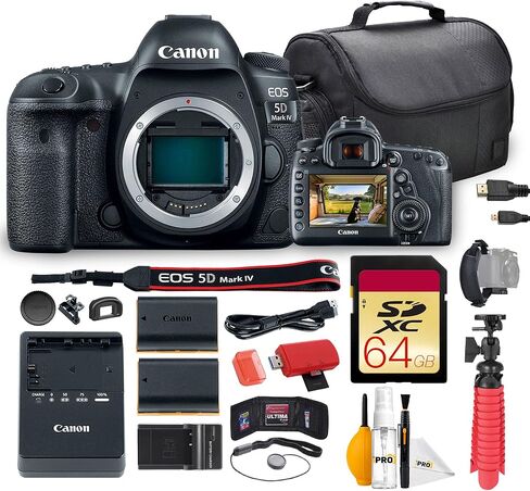 حزمة كاميرا Canon EOS 5D Mark IV DSLR | مستشعر CMOS كامل الإطار بدقة 30.4 ميجابكسل، تركيز تلقائي ثنائي البكسل وفيديو بدقة 4K | للتصوير الاحترافي وحفلات الزفاف والصور الشخصية والمناسبات (1483C002) + بطاقة سعة 64 جيجابايت + بطارية + شاحن + المزيد in Kuwait
