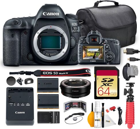 حزمة كاميرا Canon EOS 5D Mark IV DSLR | مستشعر CMOS كامل الإطار بدقة 30.4 ميجابكسل، تركيز تلقائي ثنائي البكسل وفيديو بدقة 4K | للصور الاحترافية وحفلات الزفاف والصور الشخصية والمناسبات (1483C002) + محول EF-EOS R + بطاقة سعة 64 جيجابايت + المزيد in Kuwait