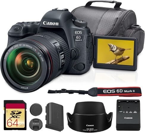كاميرا Canon EOS 6D Mark II DSLR مع مجموعة عدسات مقاس 24-105 مم f/4L II | مستشعر كامل الإطار بدقة 26.2 ميجابكسل، Dual Pixel CMOS AF وشاشة LCD متغيرة الزاوية | للسفر والتصوير اليومي (1897C009) + بطاقة سعة 64 جيجابايت + حقيبة in Kuwait