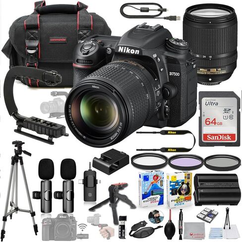 Nikon D7500 DSLR Camera with 18-140mm Lens Bundle + Wireless Microphone System + Accessory Package Including 64GB Memory, U-Grip, Case, Tripod, Software and More (35 Items) in Saudi Arabia
