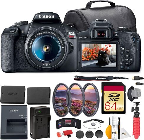 كاميرا Canon EOS Rebel T7 DSLR مع مجموعة عدسات 18-55 مم | مستشعر APS-C بدقة 24.1 ميجابكسل، وتركيز بؤري تلقائي سريع وفيديو عالي الدقة بالكامل | للمبتدئين والتصوير الفوتوغرافي أثناء السفر والعائلة (2727C002) + بطاقة سعة 64 جيجابايت + بطارية + شاحن + المزيد in Kuwait