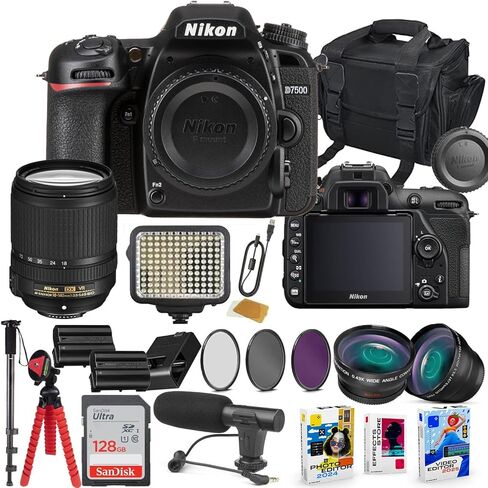 كاميرا Nikon D7500 DSLR مع مجموعة عدسات 18-140 مم مع بطارية إضافية، وإضاءة LED، وميكروفون، وفلاش ذاكرة عالي السرعة سعة 128 جيجابايت، وحزمة ملحقات (27 عنصرًا) in Saudi Arabia