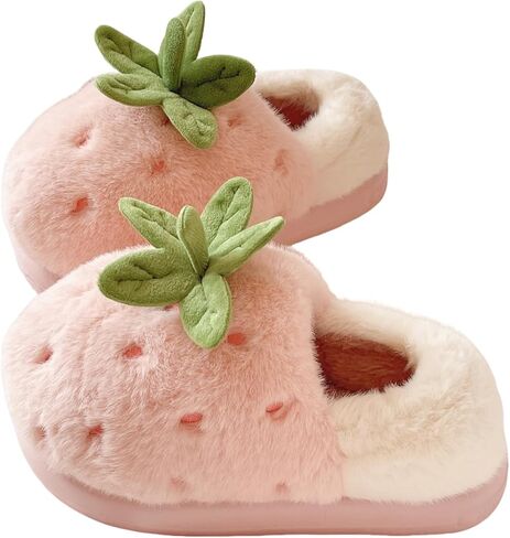 Women's Kawaii Strawberry Plush Slippers, Soft Fluffy Anti-Skid Warm Cozy Indoor Home Shoes for Winter Relaxing Comfort in Saudi Arabia