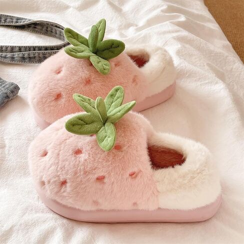 Women's Kawaii Strawberry Plush Slippers, Soft Fluffy Anti-Skid Warm Cozy Indoor Home Shoes for Winter Relaxing Comfort in Saudi Arabia