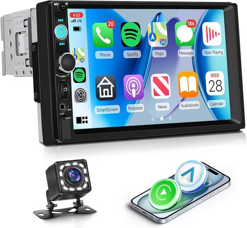 Rimoody 9 Inch Single Din Car Stereo with Wireless Carplay Android Auto, 1 Din Car Radio Touch Screen Carplay with Mirror Link, Bluetooth 5.0, FM Radio, EQ, USB/AUX/TF/SWC/DVR/MIC Backup Camera in Saudi Arabia