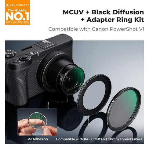 K&F CONCEPT Black Diffusion 1/4 & MCUV مجموعة مرشح الحماية وحلقة المحول المتوافقة مع Canon PowerShot V1، 18 طلاء متعدد الطبقات، للفيديو ومدونة الفيديو والتصوير الفوتوغرافي (سلسلة K) in Saudi Arabia