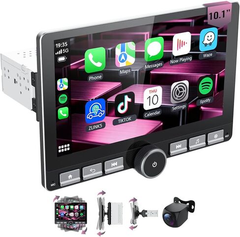 10.1" Single Din Car Radio with Rotatable Touchscreen, Wireless CarPlay, Android Auto, GPS Navigation, Bluetooth, Hi-Fi Sound, Voice Control, Backup Camera, 1080P in Kuwait