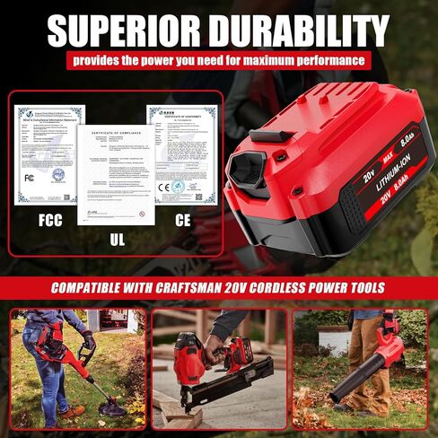 2PACK 20V 8.0Ah بطارية بديلة لبطارية ليثيوم أيون Craftsman V20 CMCB204 CMCB205 CMCB206، متوافقة مع أدوات الطاقة اللاسلكية Craftsman 20V in Kuwait