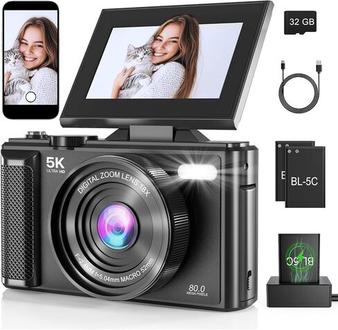 4K Vlogging Camera 48MP Digital Camera for YouTube, WiFi Autofocus and Anti-Shake, 2.8with 18X Zoom, Includes 32GB SD Card,1 Batteries,Travel Camera (Blackwhite) in Saudi Arabia