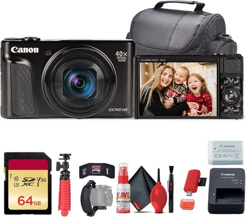 كاميرا Canon PowerShot SX740 HS Lite Edition الرقمية (أسود) + بطاقة ذاكرة سعة 64 جيجابايت + قارئ بطاقات + حقيبة ناعمة فاخرة + حامل ثلاثي القوائم مرن + حزام يد + محفظة ذاكرة + طقم تنظيف (متجدد) in Kuwait