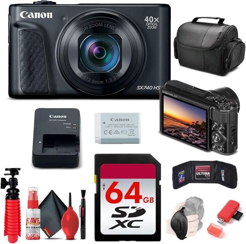 كاميرا Canon PowerShot SX740 HS Lite Edition الرقمية (أسود) + بطاقة ذاكرة سعة 64 جيجابايت + قارئ بطاقات + حقيبة ناعمة فاخرة + حامل ثلاثي القوائم مرن + حزام يد + محفظة ذاكرة + طقم تنظيف (متجدد) in Kuwait