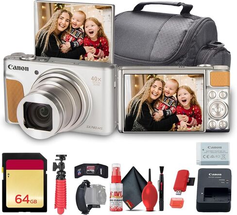 كاميرا Canon PowerShot SX740 HS Lite Edition الرقمية (أسود) + بطاقة ذاكرة سعة 64 جيجابايت + قارئ بطاقات + حقيبة ناعمة فاخرة + حامل ثلاثي القوائم مرن + حزام يد + محفظة ذاكرة + طقم تنظيف (متجدد) in Kuwait