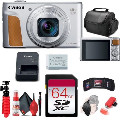 كاميرا Canon PowerShot SX740 HS Lite Edition الرقمية (أسود) + بطاقة ذاكرة سعة 64 جيجابايت + قارئ بطاقات + حقيبة ناعمة فاخرة + حامل ثلاثي القوائم مرن + حزام يد + محفظة ذاكرة + طقم تنظيف (متجدد) in Kuwait