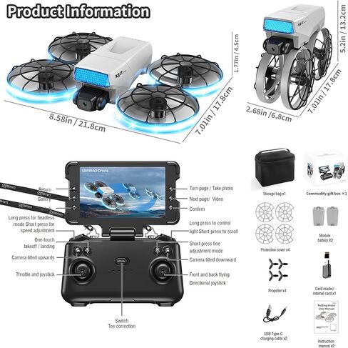 طائرة بدون طيار RC قابلة للطي مع كاميرا 1K HD، جهاز تحكم عن بعد قابل للطي مع حبل قابل للفصل، بطاريتان وحقيبة حمل - واقي المروحة الآمن، تقلبات ثلاثية الأبعاد، إقلاع/هبوط بمفتاح واحد، هدية مثالية للمبتدئين والكبار in Kuwait