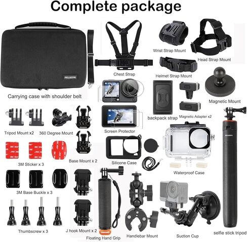 PellKing Accessories Kit for DJI Osmo Action 6,Carrying Case with Belt 135cm Selfie Stick Tripod Waterproof Housing Suction Cup Magnetic Handlebar Mount Qucik Release Clip 4 in 1 Body Mount in Saudi Arabia