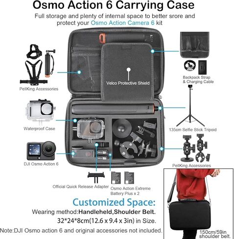 PellKing Accessories Kit for DJI Osmo Action 6,Carrying Case with Belt 135cm Selfie Stick Tripod Waterproof Housing Suction Cup Magnetic Handlebar Mount Qucik Release Clip 4 in 1 Body Mount in Saudi Arabia