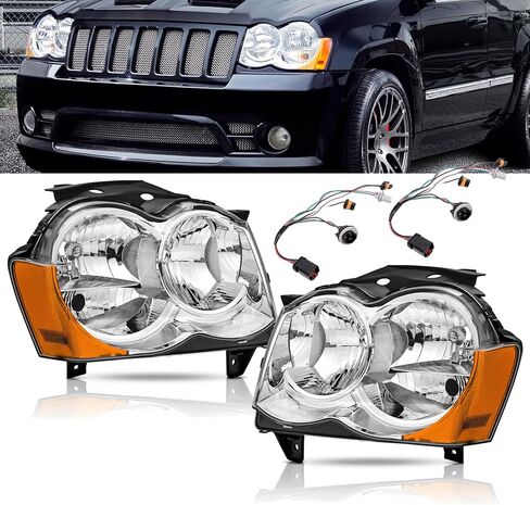 Headlights Assembly Replacement for 2011 2012 2013 Jeep Grand Cherokee/11-17 Jeep Compass Halogen Headlamp Pair (Not fit HID Headlights), Black Housing Amber Reflector in Saudi Arabia