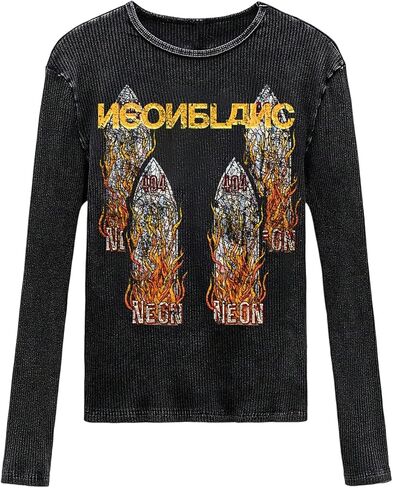 Men's Graphic Tees Ribbed Knit Long Sleeve Washed Fitted Top Crewneck Vintage T Shirts Streetwear in Saudi Arabia