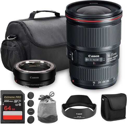 عدسة Canon EF 16-35mm f/4L IS USM| تكبير بزاوية فائقة الاتساع من السلسلة L مع تثبيت الصورة والتركيز التلقائي السريع| مثالية لتصوير المناظر الطبيعية والسفر (9518B002) + محول EF-EOS R + حقيبة + بطاقة سعة 64 جيجابايت in Kuwait