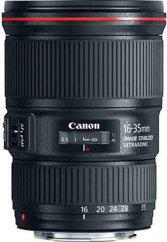 عدسة Canon EF 16-35mm f/4L IS USM| تكبير بزاوية فائقة الاتساع من السلسلة L مع تثبيت الصورة والتركيز التلقائي السريع| مثالية لتصوير المناظر الطبيعية والسفر (9518B002) + محول EF-EOS R + حقيبة + بطاقة سعة 64 جيجابايت in Kuwait