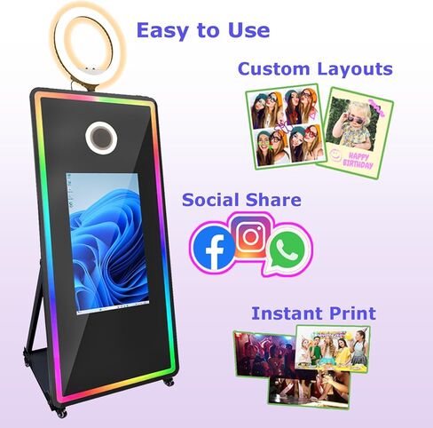 65 بوصة مرآة صور بوث 32 بوصة شاشة تعمل باللمس مرآة سحرية صور بوث آلة صورة شخصية حلقة ضوء RGB LED إطار لحفل زفاف تأجير الأحداث مع الدعائم السجادة الحمراء حالة الطيران in Kuwait