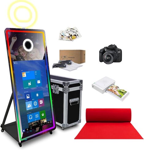 65in Magic Mirror Photo Booth with 43in All-in-one Touch-Start,Mirror Photo Booth Machine with RGB Lighting and Fill-in Lights,for All Events and Parties,with Flight Case (White, Machine + Full Set) in Saudi Arabia