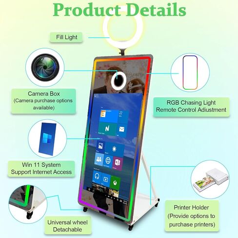 65in Magic Mirror Photo Booth with 43in All-in-one Touch-Start,Mirror Photo Booth Machine with RGB Lighting and Fill-in Lights,for All Events and Parties,with Flight Case (White, Machine + Full Set) in Saudi Arabia