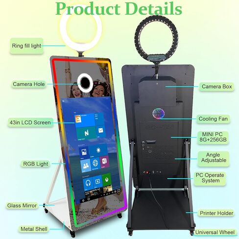 65in Magic Mirror Photo Booth with 43in All-in-one Touch-Start,Mirror Photo Booth Machine with RGB Lighting and Fill-in Lights,for All Events and Parties,with Flight Case (White, Machine + Full Set) in Saudi Arabia