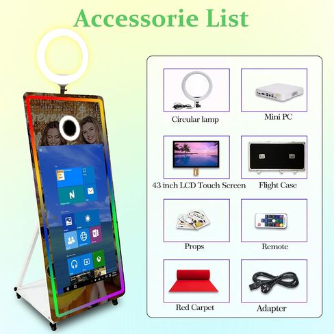 65in Magic Mirror Photo Booth with 43in All-in-one Touch-Start,Mirror Photo Booth Machine with RGB Lighting and Fill-in Lights,for All Events and Parties,with Flight Case (White, Machine + Full Set) in Saudi Arabia
