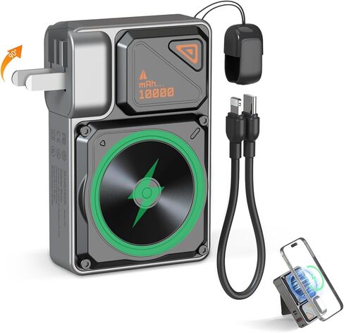 P07 Magnetic Power Bank Charger 10000mah Charger ، 6 في 1 ضفة طاقة لاسلكية صغيرة مع قابس AC قابل للطي ، شحن سريع ، كابل مدمج (منفذ USB-C ومنفذ Lightning) لـ iPhone و Samsung و Andriod in Kuwait