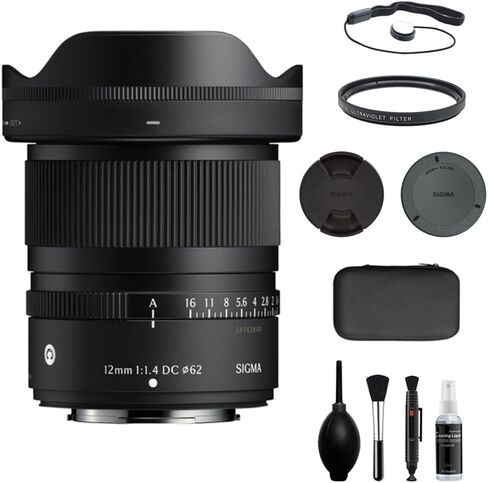 عدسة سيجما 12 ملم f/1.4 DC معاصرة متوافقة مع حزمة FUJIFILM X Mount (APS-C) مع فلتر للأشعة فوق البنفسجية + حافظة غطاء العدسة + مجموعة تنظيف + قطعة قماش للتنظيف (5 قطع) in Kuwait