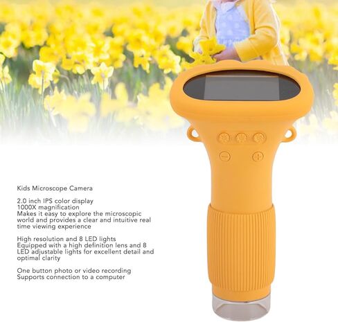 مجهر ASHATA 1000X للأطفال، مجهر رقمي LCD 2 بوصة 1080P للشرائح، مكبر كاميرا مجهر صغير الحجم محمول باليد، زر واحد لالتقاط الصور والفيديو (أصفر) in Saudi Arabia