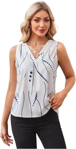SweatyRocks Women's Printed Sleeveless Blouses V Neck Pleated Summer Work Shirts Tops in Saudi Arabia
