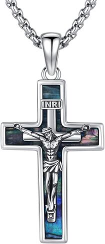 Crucifix Necklace 925 Sterling Silver Jesus Cross Pendant Gold Plated Necklace Abalone/Turquoise/Malachite Cross Jewelry Gift for Men Women Friend Brother in Saudi Arabia