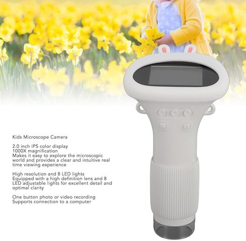 مجهر ASHATA 1000X للأطفال، مجهر رقمي LCD 2 بوصة 1080P للشرائح، مكبر كاميرا مجهر صغير الحجم محمول باليد، زر واحد لالتقاط الصور والفيديو (أبيض) in Kuwait