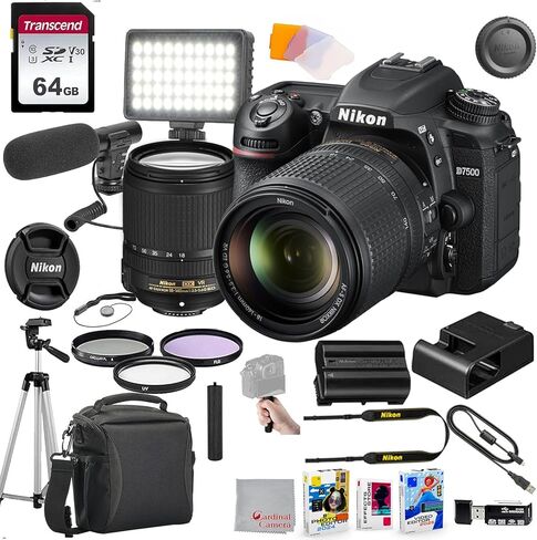 Nikon D7500 DSLR Camera with 18-140mm Lens, 64GB Memory, Video Microphone, LED Video Light, Case, Tripod, Filters, Hood, Grip, & Video & Photo Editing Software Kit in Saudi Arabia
