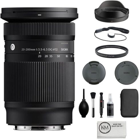 مجموعة عدسات سيجما 20-200 ملم f/3.5-6.3 DG المعاصرة المتوافقة مع Sony E Mount (إطار كامل) مع فلتر للأشعة فوق البنفسجية + حافظة غطاء العدسة + مجموعة تنظيف + قطعة قماش للتنظيف (5 قطع) in Kuwait