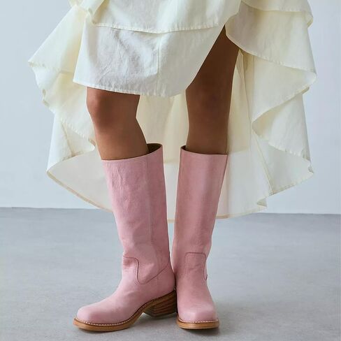 Mid Calf Boots for Women Round Toe Pull On Biker Boots Stacked Chunky Heeled Riding Boots Women's Comfort Leather Tall Boots in Saudi Arabia