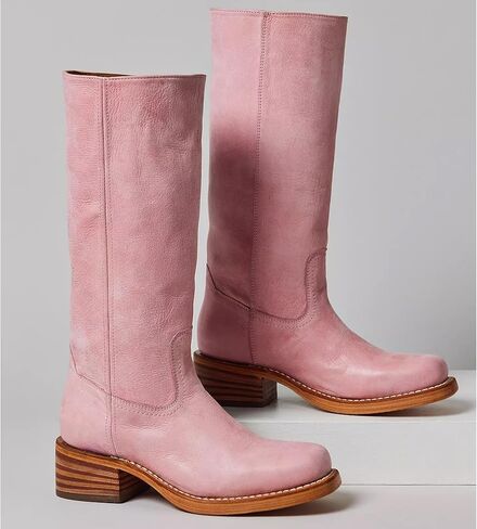 Mid Calf Boots for Women Round Toe Pull On Biker Boots Stacked Chunky Heeled Riding Boots Women's Comfort Leather Tall Boots in Saudi Arabia