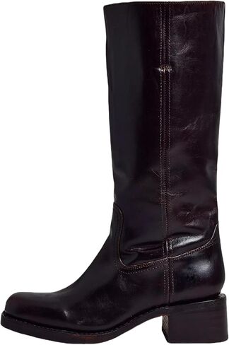 Mid Calf Boots for Women Round Toe Pull On Biker Boots Stacked Chunky Heeled Riding Boots Women's Comfort Leather Tall Boots in Saudi Arabia